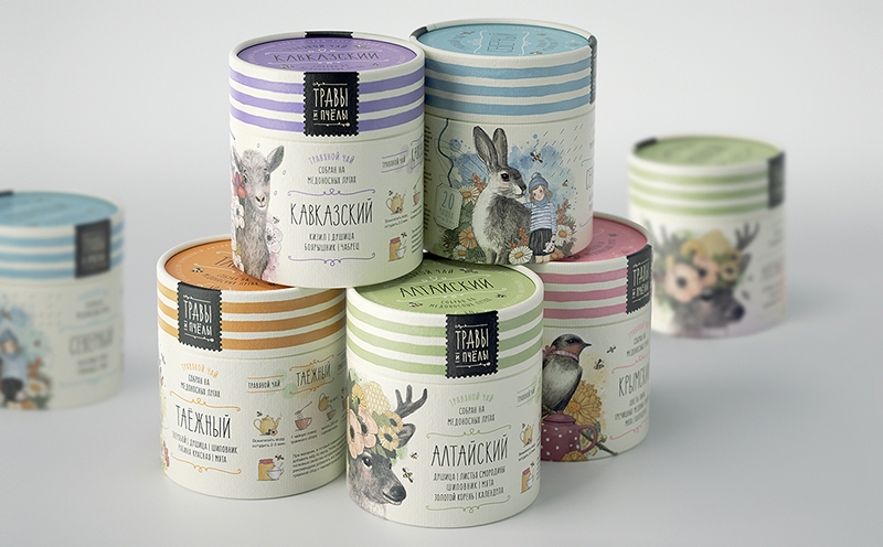 花草茶包装设计,系列包装上采用彩色条纹和元素区分风味