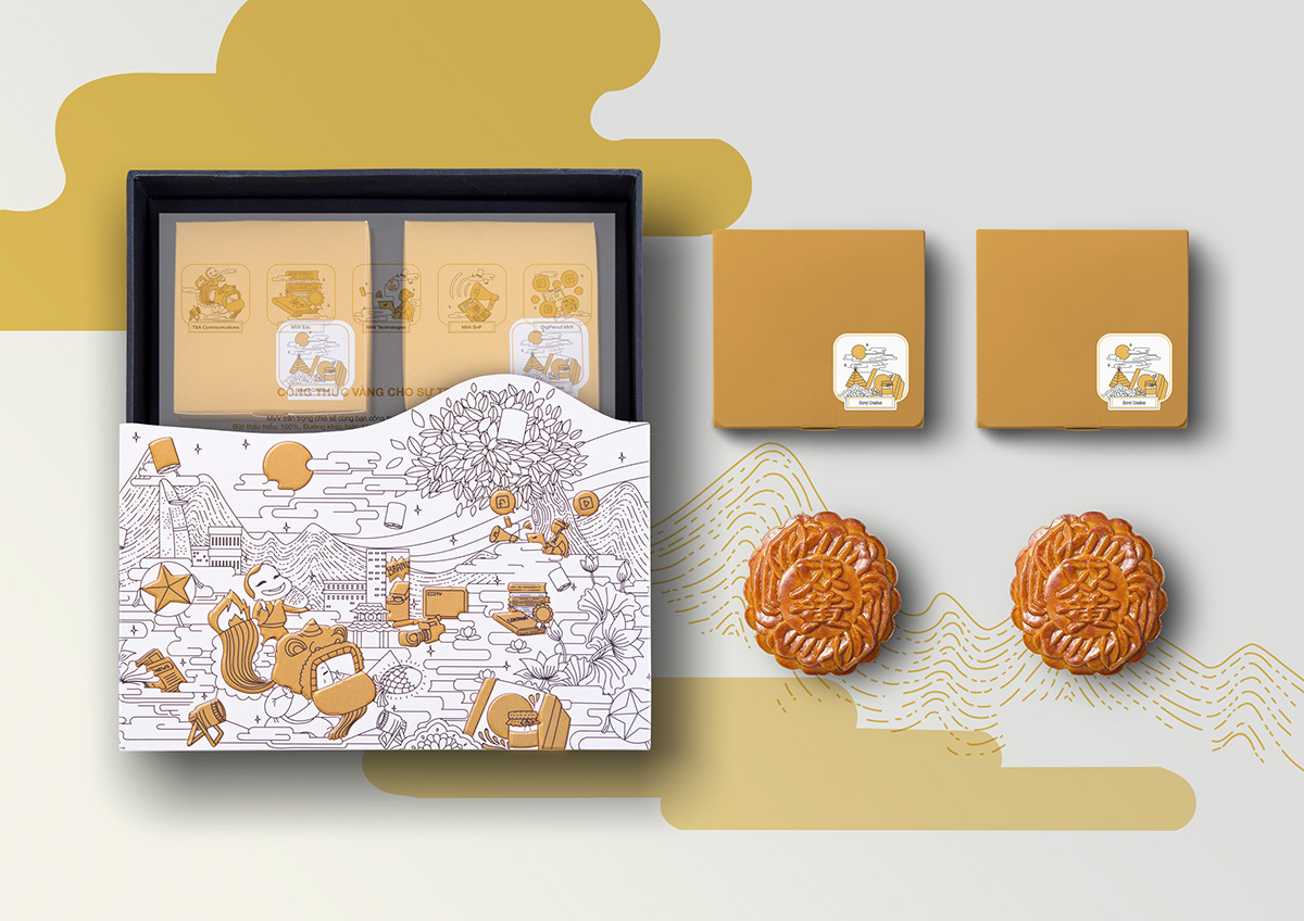 越南月饼插画礼盒包装展示