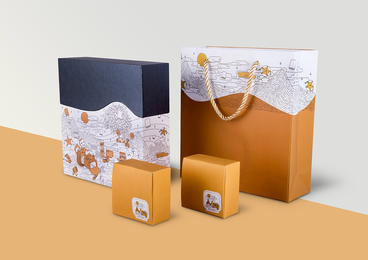 越南月饼插画礼盒包装展示